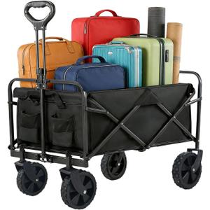 Folding Beach Wagon 420lbs Heavy Duty Collapsible Wagon Cart with 360 Swivel Wheels&Front Pocket, for Grocery,Shopping,Outdoor&Camping