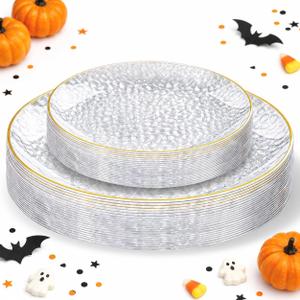 36Pcs Clear Plastic Plates, Hammered Plates Disposable Heavy Duty, Clear Disposable Plates With Gold Rim, Fancy Plastic plates Include 18 Dinner plate and 18 Dessert plate for Wedding