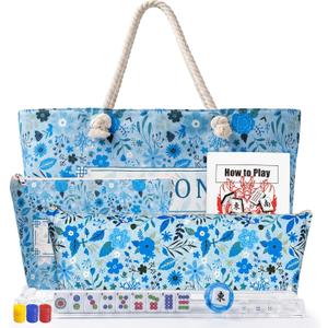 American Mahjong Game Set, Complete Mahjong Set with 160 Premium White Tiles and Mahjong Racks, Bag and Accessories for Family Party (Blue Bag)