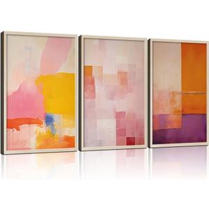 3Pcs Framed Color Blocks Canvas Wall Art Modern Abstract Pastel Prints Gallery Style Posters Pictures Living Room Bedroom Office Home Decor 12X16 Inch Ready to Hang