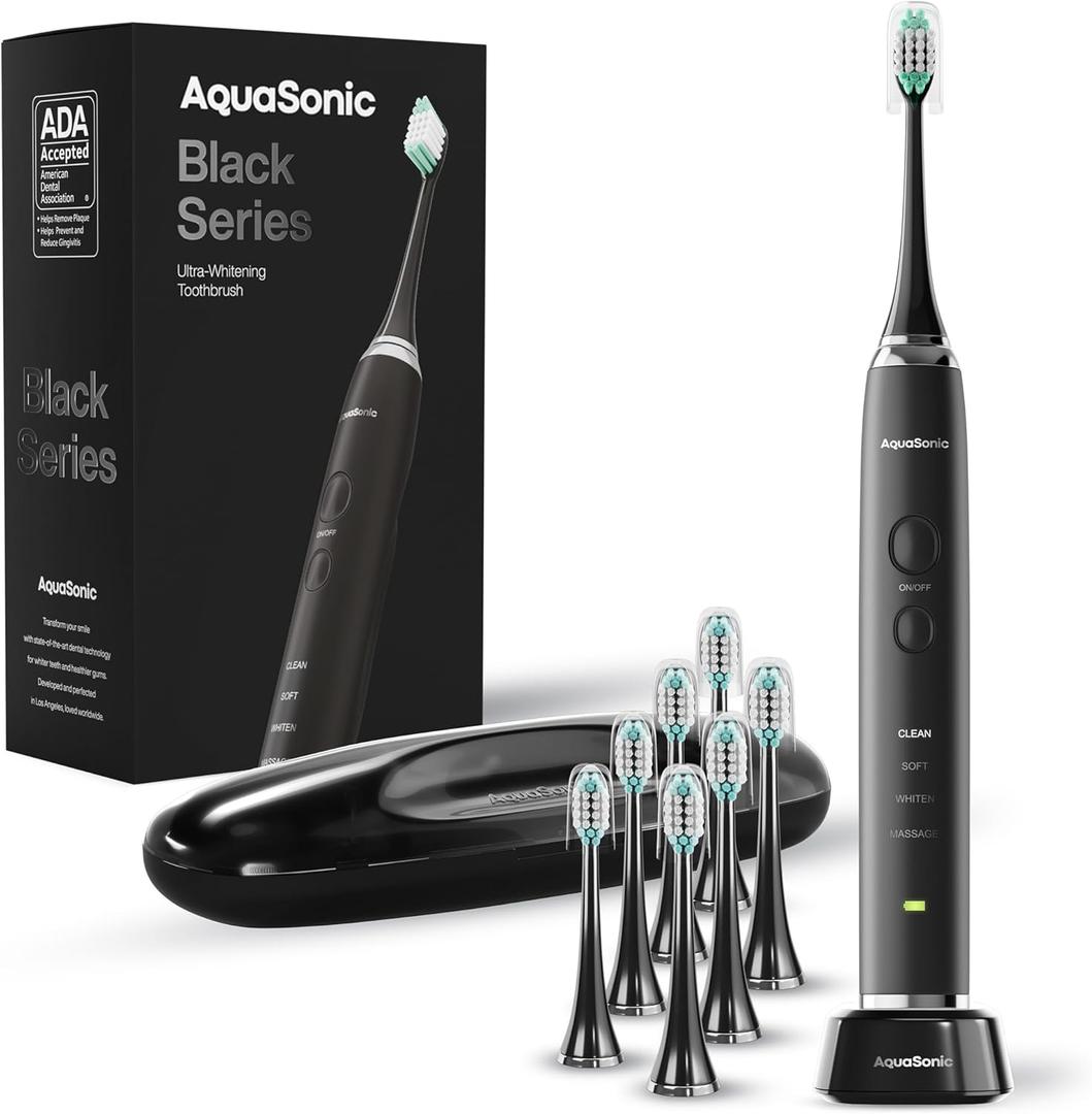 Aquasonic Black Series Ultra Whitening Toothbrush ADA Accepted Electric Toothbrush- 8 Brush Heads & Travel Case 40,000 VPM Electric Motor & Wireless Charging - 4 Modes w Smart Timer (Pack of 1)