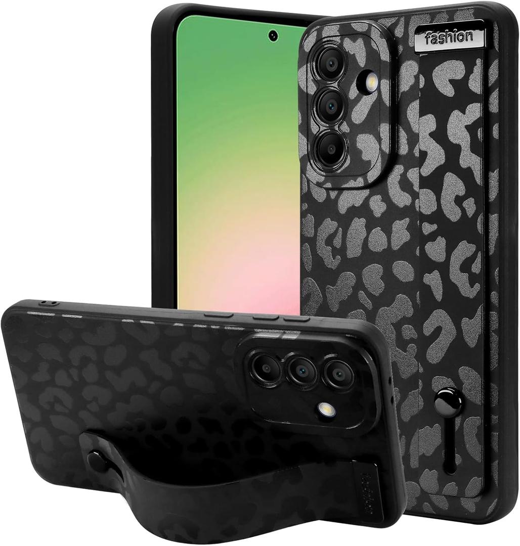 OOK Compatible with Samsung Galaxy A56 5G Case with Wrist Strap, Black Leopard TPU Shockproof Protection Slim Cover with Camera Protection for Women Girls