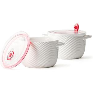 Ceramic Soup Bowls with Lid & Handle: 32 oz Large Kitchen Containers for French Onion Meal Prep Cereal Ramen Oatmeal Dorm Living Single Serve Dinner Work Lunch - White Set of 2