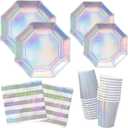 Gatherfun Iridescent Party Supplies - Disposable Paper Plates, Cups and Napkins, Ideal for Birthday, Mermaid Themed Events & Birthday or Wedding Party Decoration - Serves 16