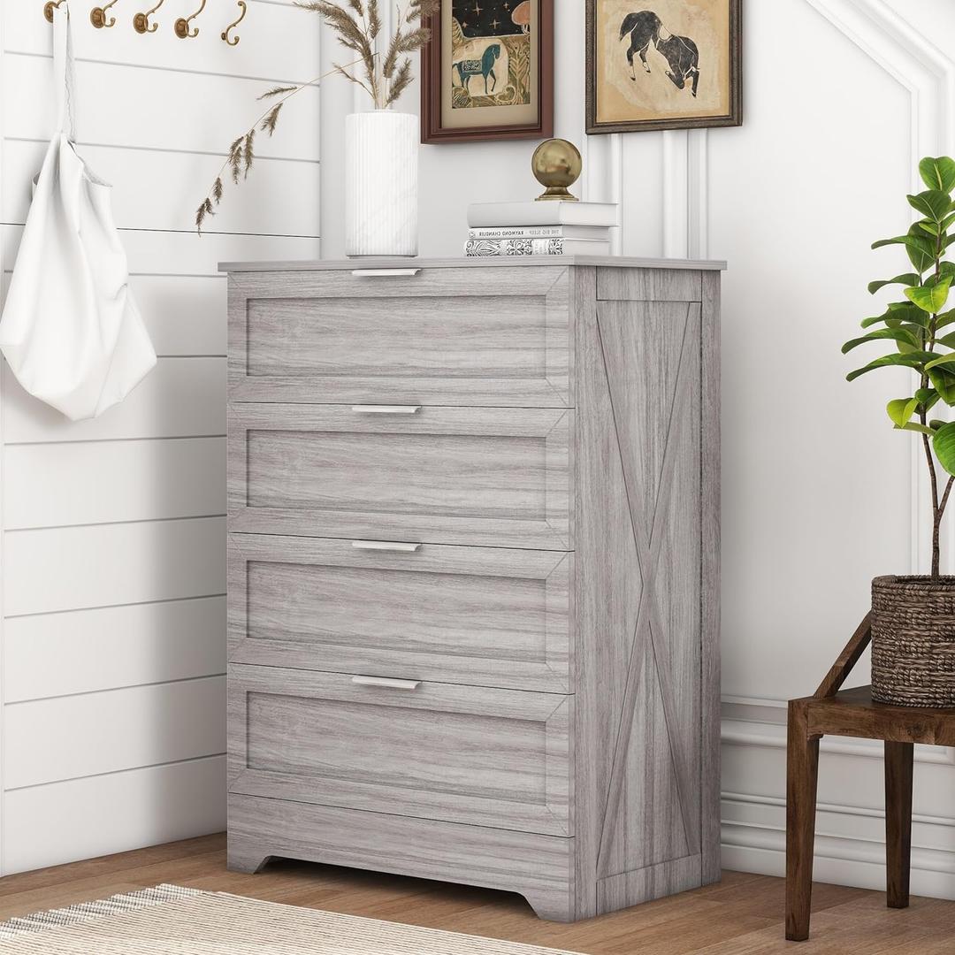 FTZxHKLX Farmhouse 4 Drawer Dresser for Bedroom, Tall Bedroom Dresser with Large Drawer & Silver Handles, Wooden Storage Organizer Cabinet Chest of Drawer for Closet, Living Room, Hallway, Wash Grey