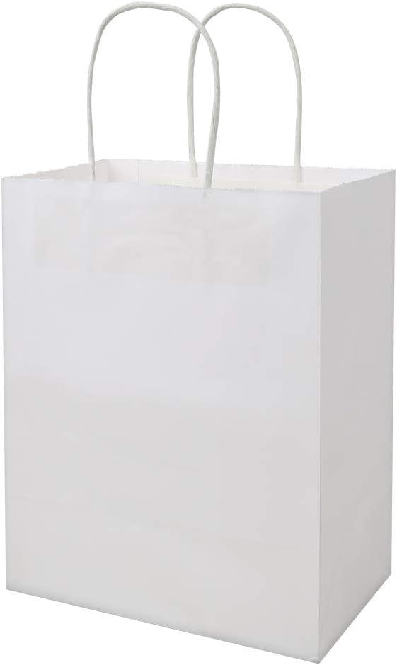 bagmad 100 Pack Sturdy Medium White Kraft Paper Bags with Handles Bulk, Thicken Gift Bags 8x4.75x10 Inch, Craft Grocery Shopping Retail Party Favors Wedding Business Sacks (White, 100pcs)