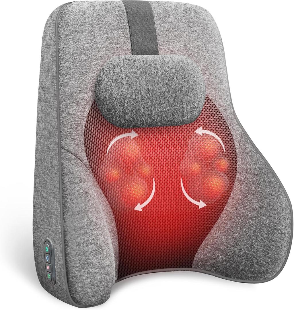 Back Lumbar Support Pillow for Office Chair Car, Office Desk Chair Lumbar Back Support with 4 Shiatsu Massage Heads & Heating Function, Memory Foam Lumbar Pillow for Computer Gaming Chair-Gray