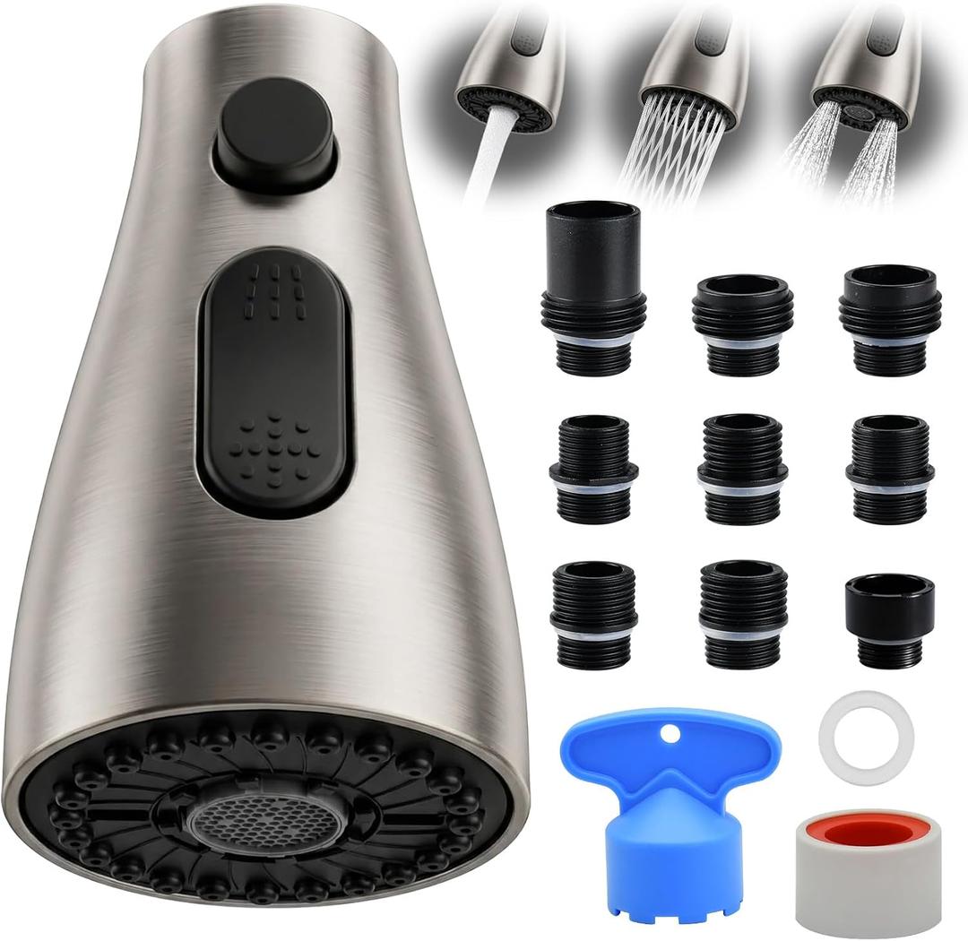 Kitchen Faucet Head Replacement, 3-Function Pull Down Spray Head with 9 Adapters, Compatible with Moen, Delta, American Standard Faucet,etc, Brushed Nickel
