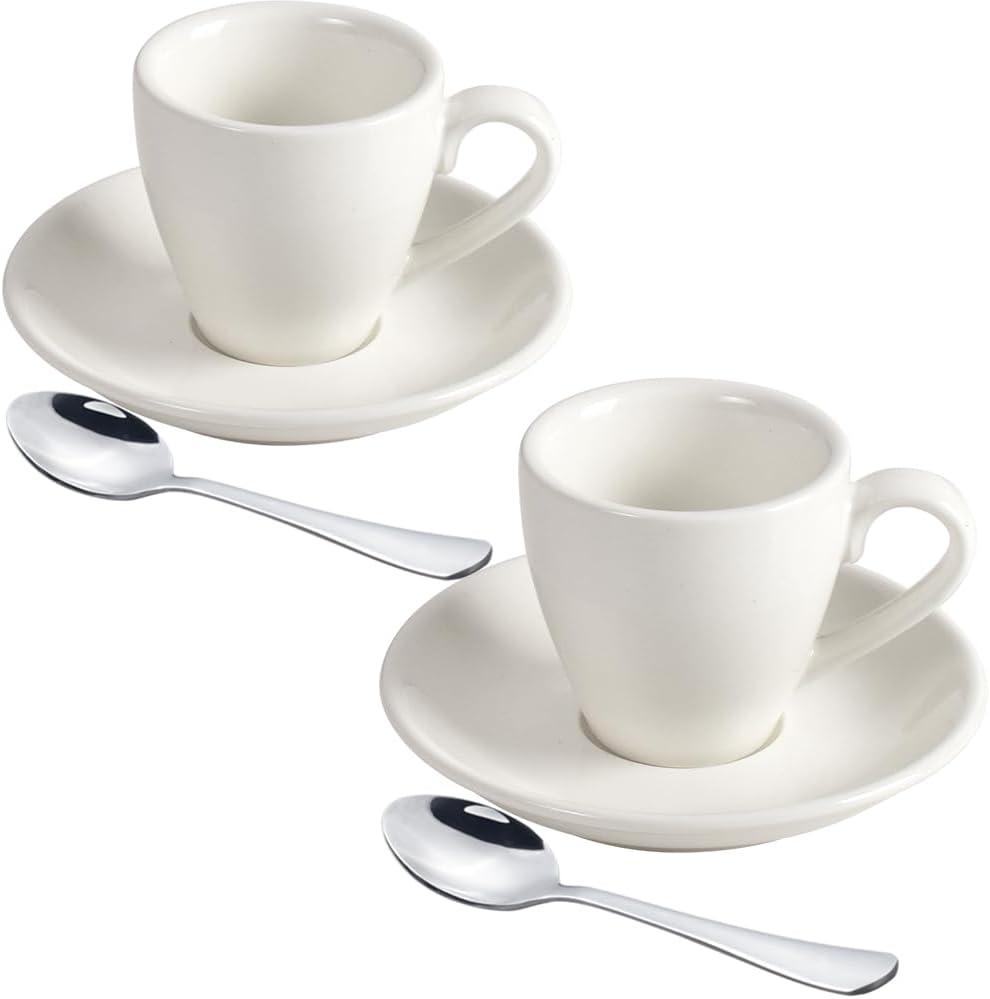 ionEgg Porcelain Espresso Cup with Saucer And Stainless Steel mini Spoons, Espresso shot Cup, 80ml/2.7Oz, Pack of 2, White