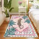 4x6 Washable Non-Slip Area Rug, Tropical Pink Boho Vintage Jungle Tiger Rug, Soft Cozy Faux Cashmere Low Pile Animal Print Rug for Girls Room, Nursery, Entryway, Easy to Clean Decorative Carpet
