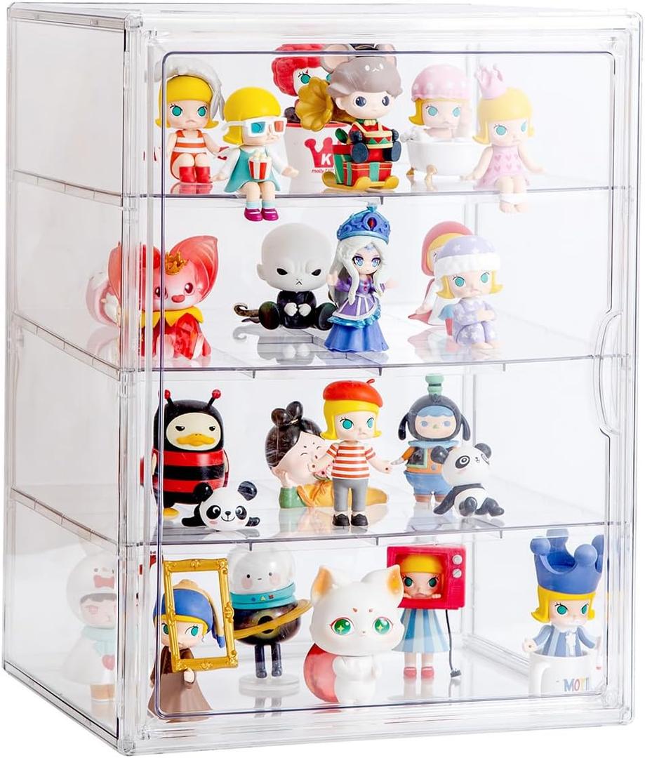 4 Tiers Clear Acrylic Display Case for Closet, Purse Storage Organizers Box, Plastic Storage Bins with 3 Adjustable Divider and Magnetic Door (Large White)