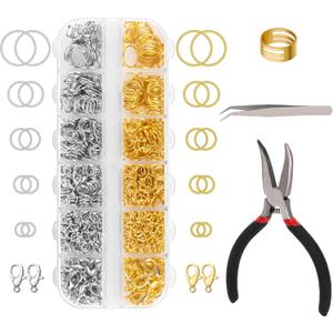1200 Pcs Jump Rings for Jewelry Making Supplies, Necklace Repair Kit with Open/Close Tools, Pliers, Tweezers, Lobster Clasps, Jewelry Jump Rings for Crafts and Key Chains (Silver and Gold)