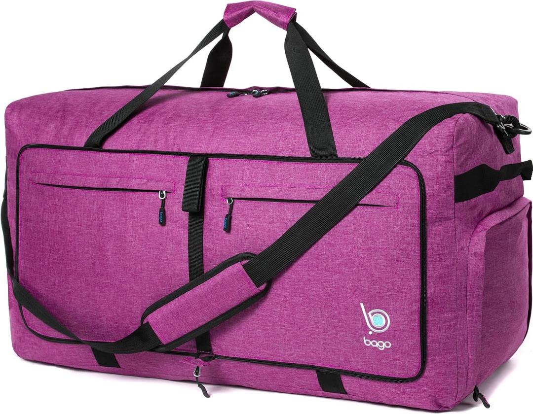 Bago Large Foldable Duffel Bags for Traveling Women & Men - 120L Packable Duffle Bag for Travel with Shoe Compartment - Water Repellant, Heavy Duty, Lightweight Folding & Collapsible (SnowPink)