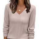 ANRABESS Womens V Neck Sweaters 2025 Fall Long Sleeve Shirts Lightweight Ribbed Knit Basic Casual Office Work Tunic Tops Light Apricot Large