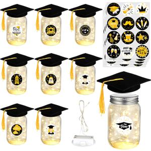 8 Pack 2026 Graduation Centerpieces for Tables Mason Jar Centerpieces with LED Lights Graduation Party Decorations Set with Caps and Stickers for High School College Congrats Grad Decor Supplies