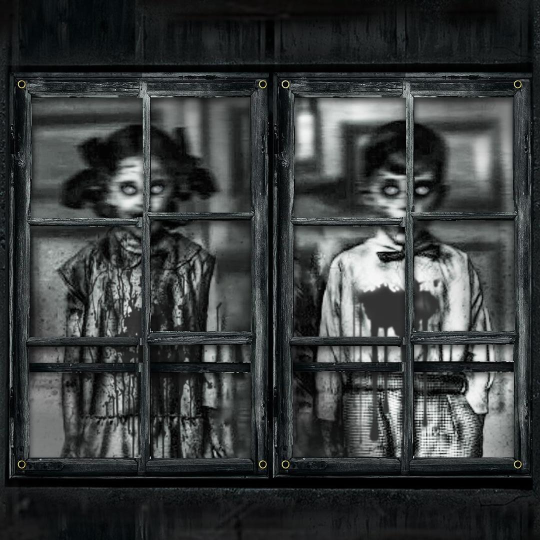 2 x Scary Halloween Curtains, 2 Pcs Creepy Halloween Windows Silhouette, Outside Blood Windows Decorations, Suitability Indoor Outdoor Horror Theme Party Window Decor