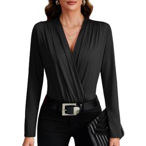 LYANER Women's Wraped V Neck Ruched Long Sleeve Leotard Bodysuit Top (Black#) Size Small