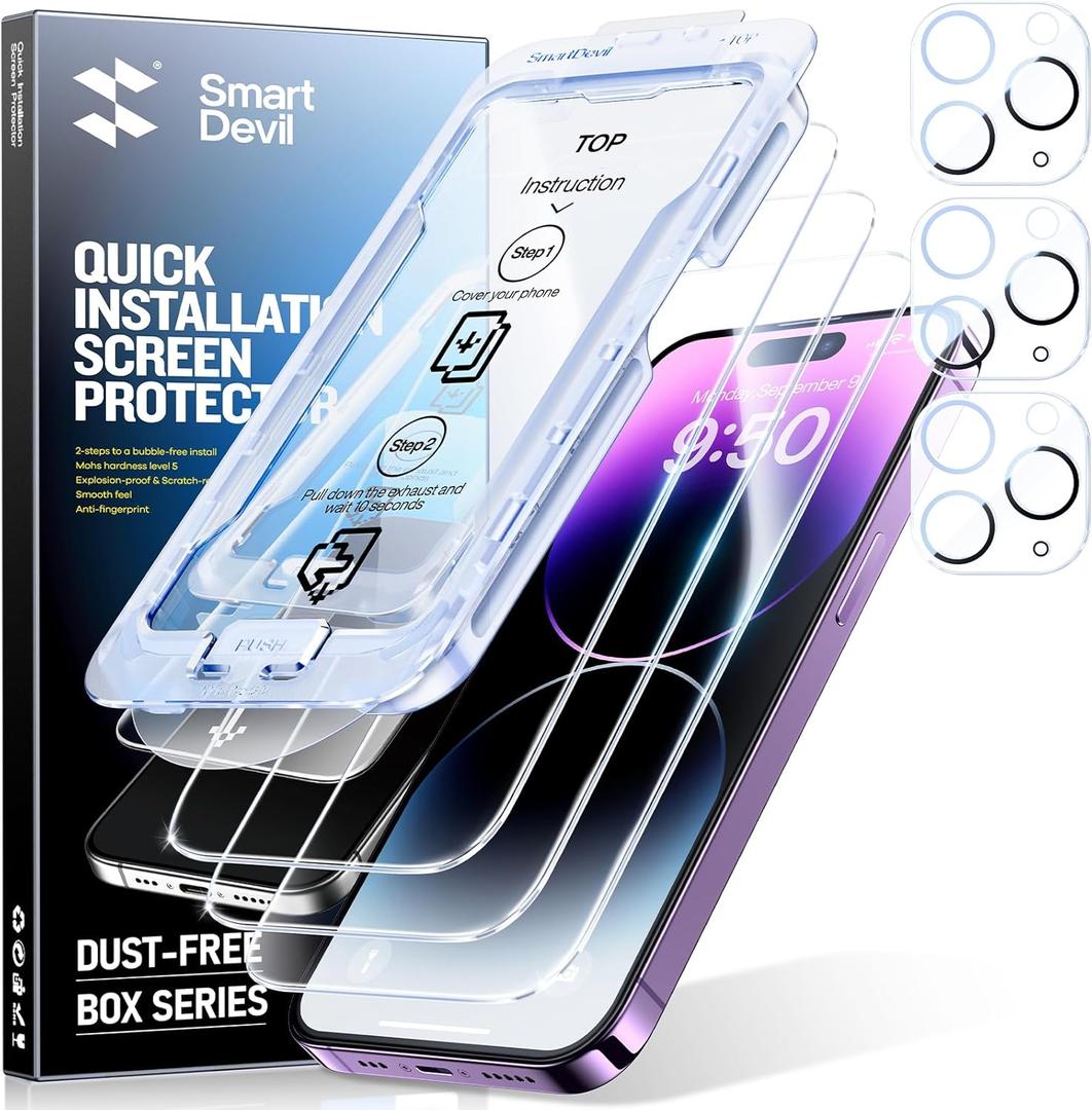 SMARTDEVIL 3-Pack Screen Protector for iPhone 14 Pro Max with 3-Pack Camera Lens Protector, Clear 9H Tempered Glass Film, Super Fast Installation (Dust-Free & Bubble-Free), Alignment Tool