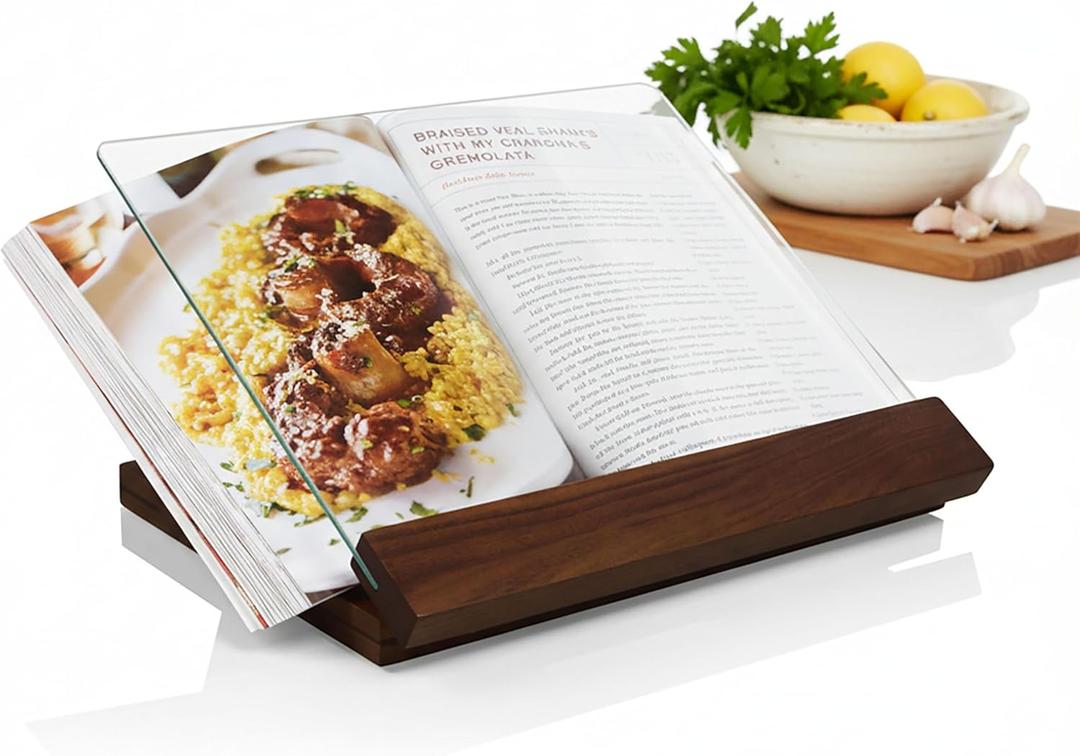 PICNIC TIME Fabio Viviani Prodigio Cookbook Stand with Tempered Glass, Recipe Stand, Kitchen Cookbook Holder, (Acacia Wood)