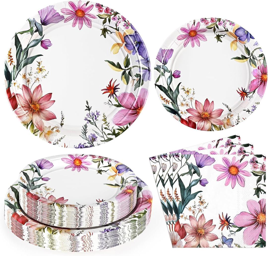 Homlouue 100 PCS Floral Paper Plates, Flower Plates, Floral Paper Plates and Napkins, Floral Disposable Plates for Party Picnic Dinner Wedding Tea Party Spring Summer Baby Shower, Wildflower Plates
