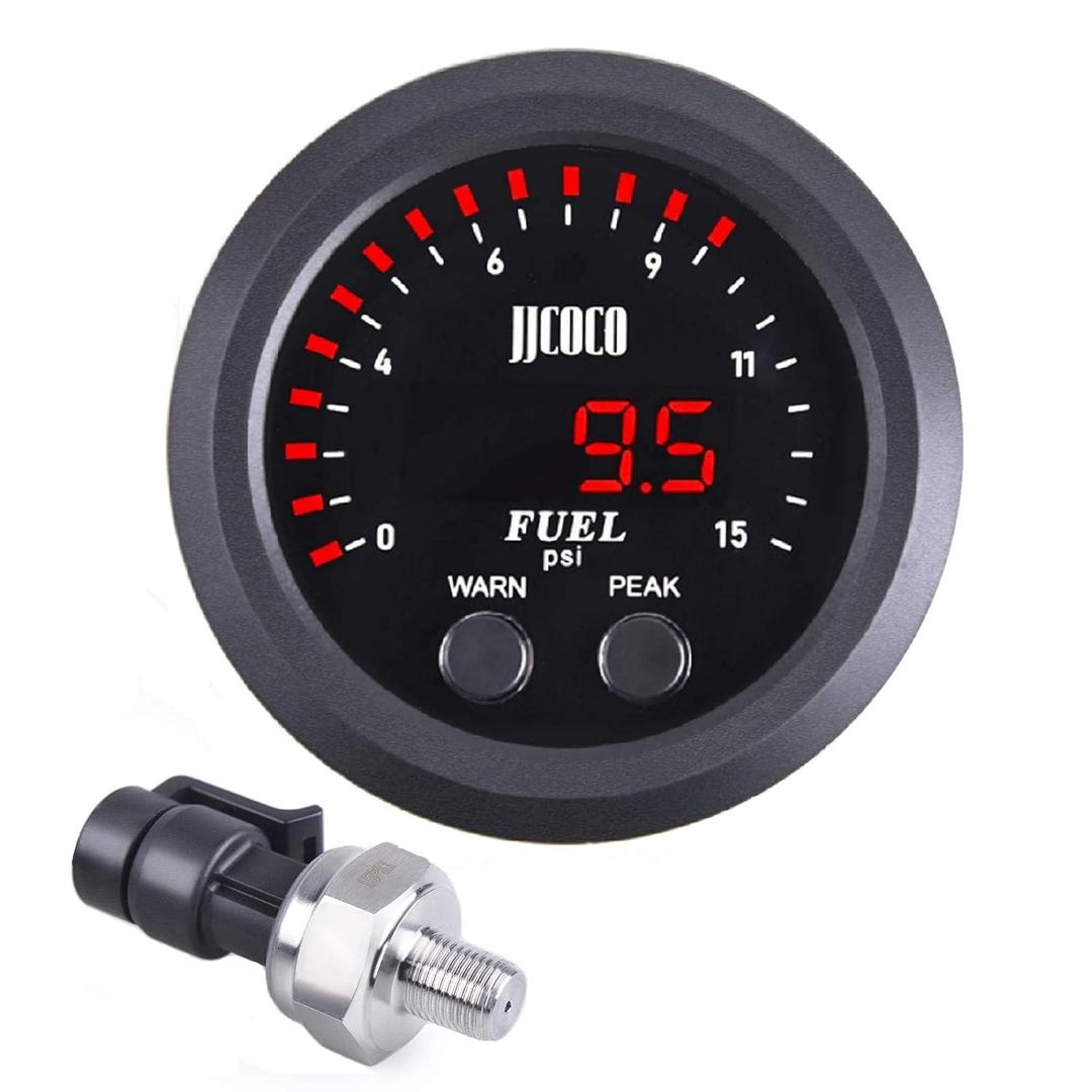 Universal Fuel Pressure Gauge 21/16in 52mm Ultraslim 15PSI Red LED DC12V-24V with Alarm and Electronic Sensor for Car & Truck