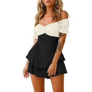AOHITE Womens Summer Tube Top Dress Off-Shoulder Ruffled Flowy Mini Short Dresses (Small, B-black & White)