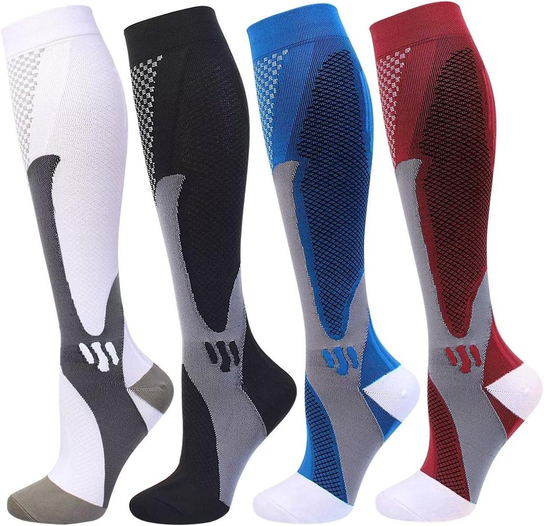 Double Couple 4 Pairs Compression Socks for Men and Women Compression Stockings (3X-Large, Black+blue+white+red)