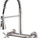 Wall Mount Kitchen Sink Faucet with Pull Out Sprayer Commercial Spring 3 Function Faucet 2 Industrial Handle High Arc Center Faucet, Brushed Finish