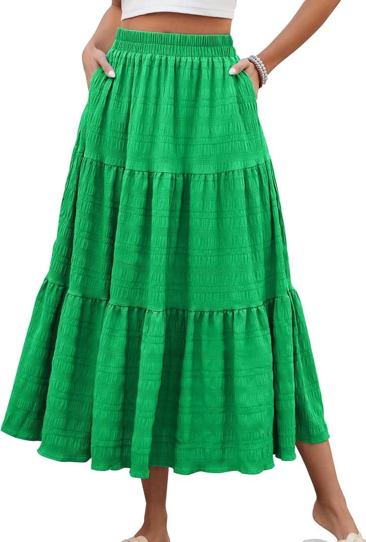 HUSKARY Women's Summer Casual Elegant Smock Layered Tiered Maxi Skirt High Waisted A Line Flowy Long Skirts with Pockets (Green, L)