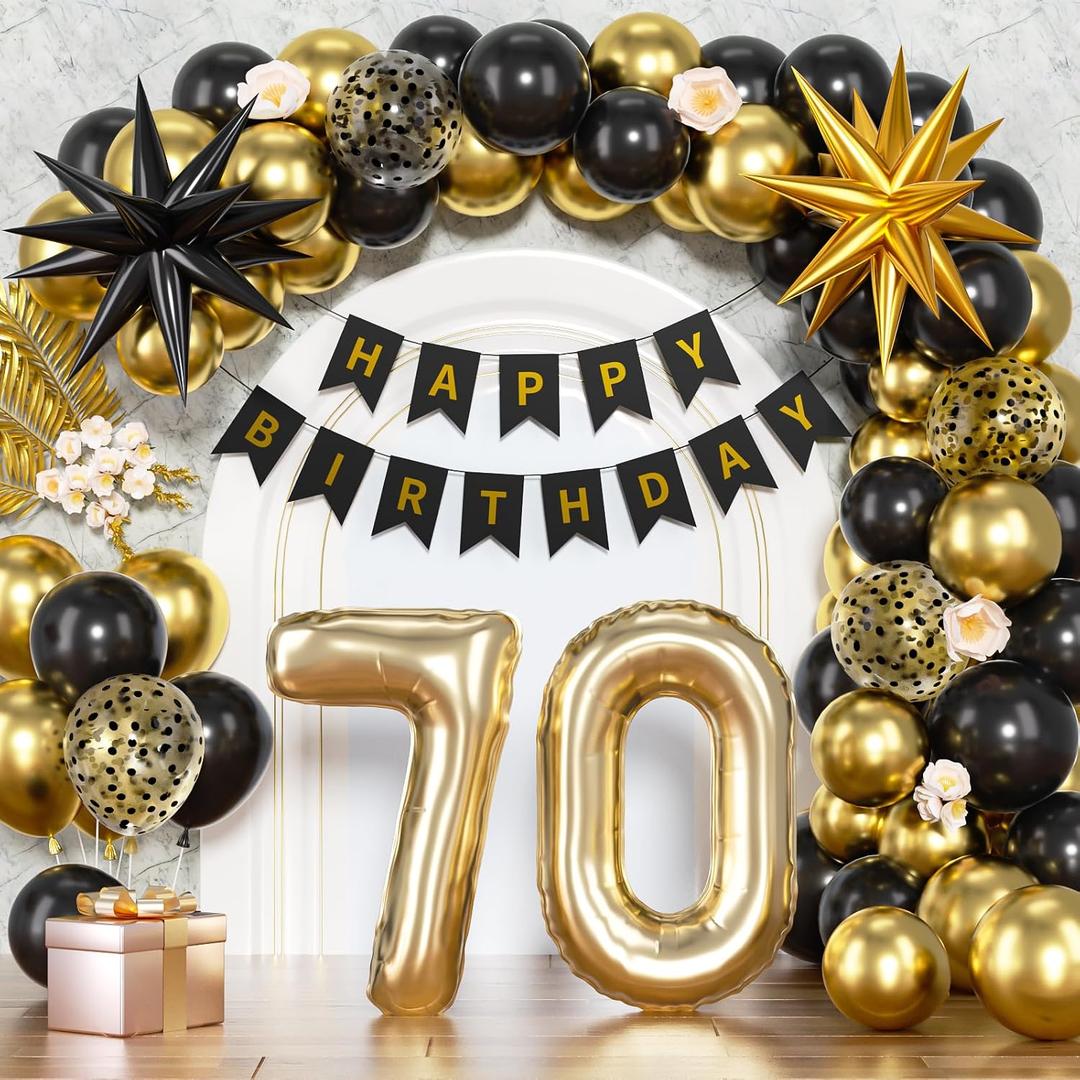 54Pcs 70th Birthday Decorations for Men Women, Black and Gold Balloon, Large Number 70 Fabulous, Star Balloons Party Decorations with Happy 70th Birthday Banner, 70 Year Old Anniversary Decor Supplies