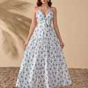 VKIHOC Women's Floral Bow Tie Cut Out A Line Beach Boho Summer Maxi Dress (S)