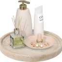 Travertine Tray, Small Ceramic Vanity Tray for Bathroom Counter Decor, Round Marble Decorative Trays for Coffee Table (Beige, Medium Size) (7.8")