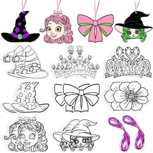 3 x Motipuns 32 Pcs Paper Witch and Princess Coloring Craft Kit with Ribbons Ornaments DIY Witch Hat Crowns Cutouts Color Your Own Crafts for Painting Party Home Art Project