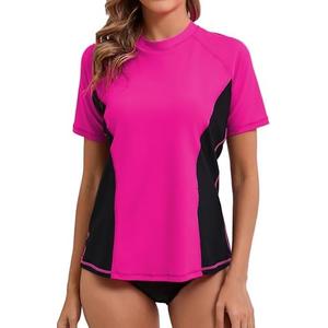 Halcurt Women's Short Sleeve Rash Guard Swimsuit Top with Built in Bra Swim Shirt UPF50+ Quick Dry Bathing Suit Size L
