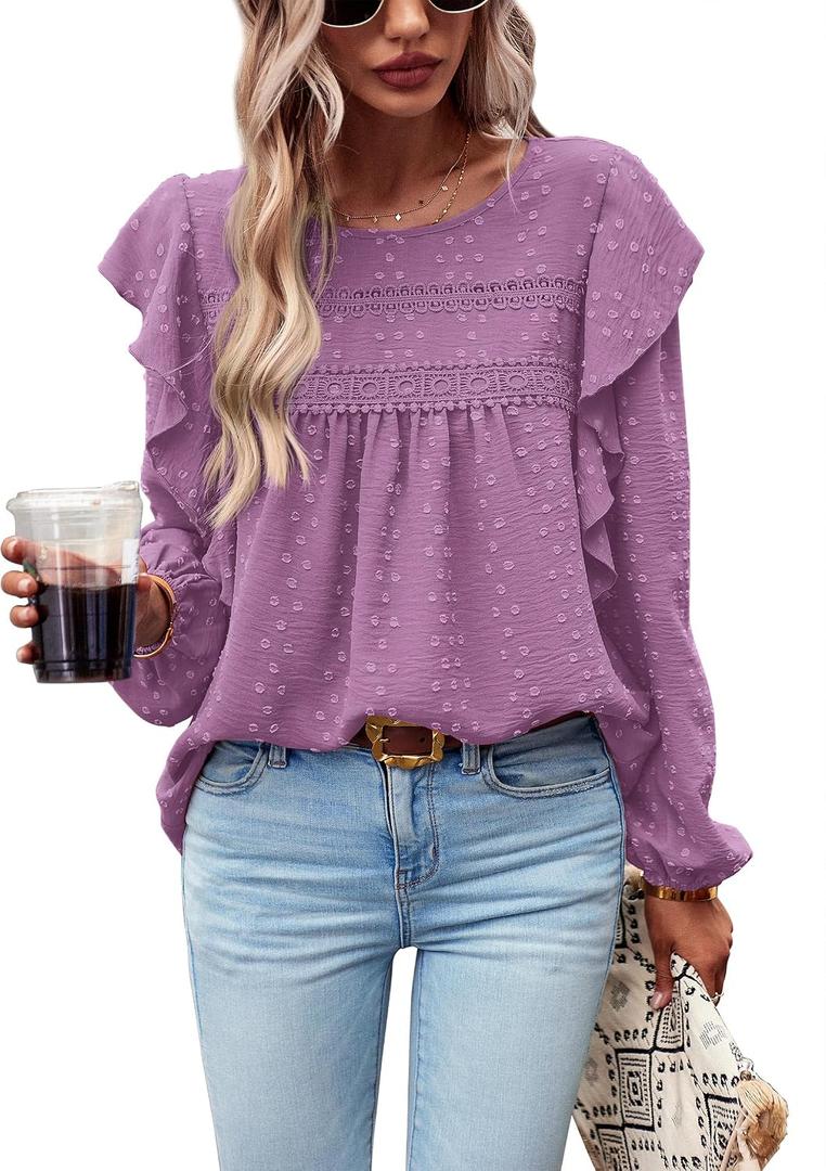PRETTYGARDEN Women's Long Sleeve Shirts Ruffle Swiss Dot Crochet Loose Fit Tunic Dressy Casual Tops Blouses Spring Fashion (Purple, XS)