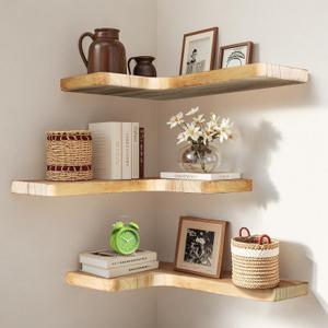 Floating Corner Shelves Set of 3, Solid Wood Picture Wall Shelf, Floating Shelves for Storage for Bedroom Kitchen Bathroom Living Room (Light Burnt)