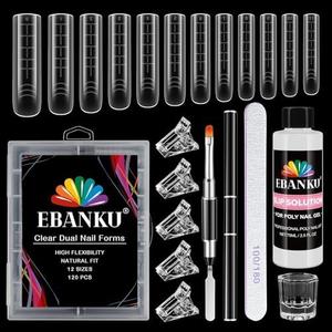 EBANKU Poly Gel Nail Forms Kit - 120PCS Reusable Square Dual Forms for Builder Gel, Nail Mold Kit with 2.5oz Slip Solution, Brush, File, 5PCS Clips - 12 Sizes