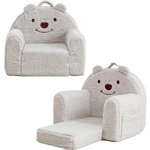 Toddler Chair,Sherpa Bear Kids Chair,Toddler Couch Fold Out,Children Reading Chair,Flip Out Kids Couch,Toddler Sofa Convertible for Age 1-3(Grey Bear)