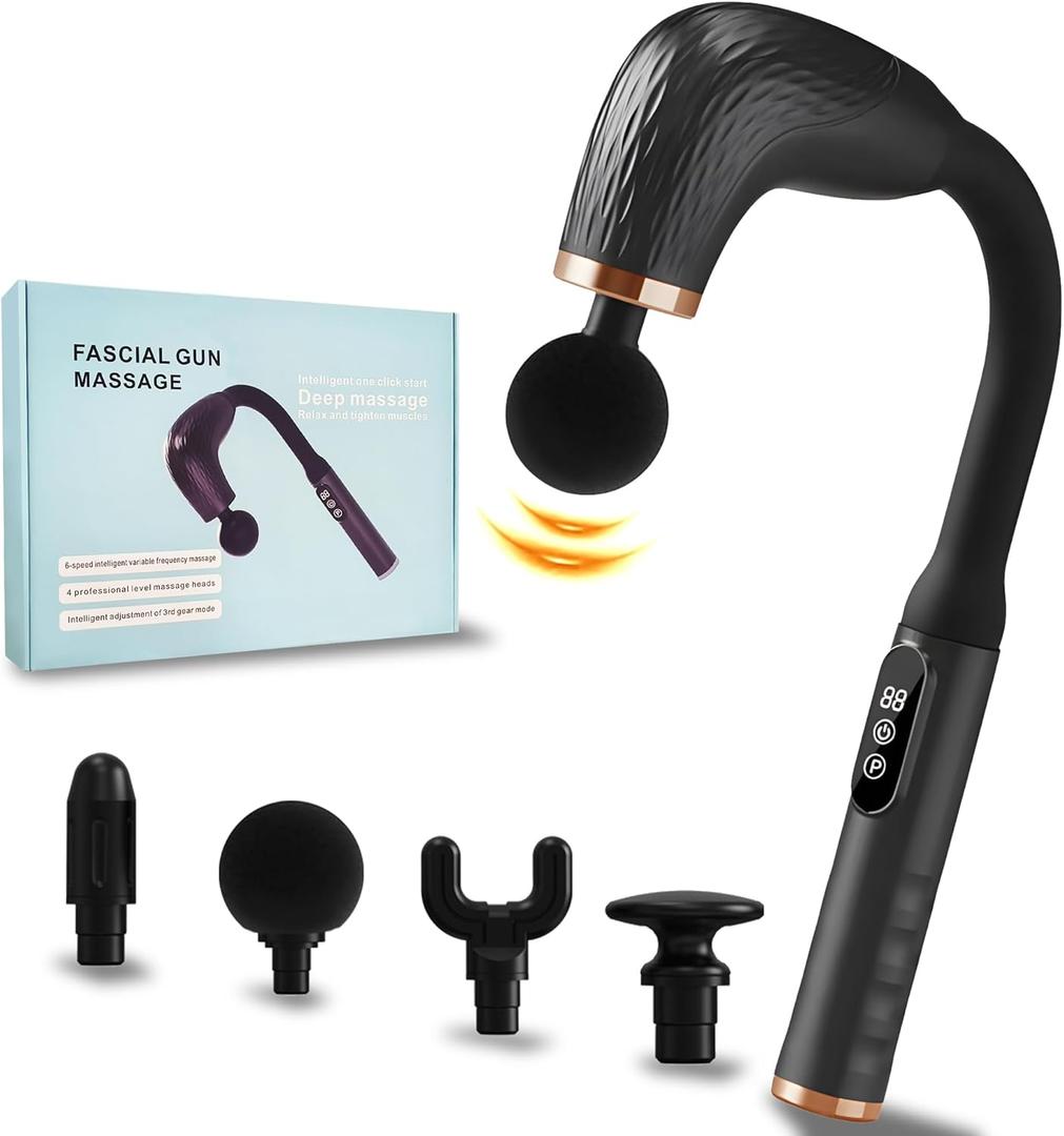 Massage Gun with Upgraded Extension Handle, Back Massager for Pain Relief Deep Tissue, 4 Massage Heads & 6 Speed Levels (Black)