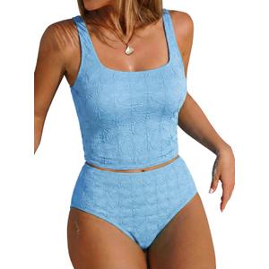 ZAFUL Womens Tankini Swimsuits Two Piece Tummy Control Bathing Suits Textured Tankini Swim Top with High Waisted Bottom (Blue, M)