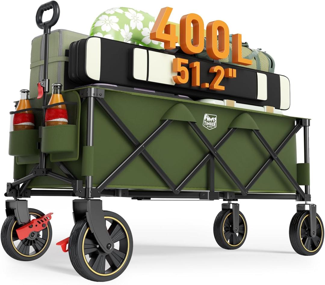 Timber Ridge 51.2'' Extended Collapsible Wagon Cart with Brakes and Cargo Net, Heavy Duty Foldable Utility Wagon with Adjustable Handle, 400L Capacity Portable Cart for Camping Sports Shopping