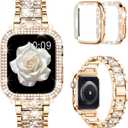 Mosonio Compatible with Apple Watch Band 38mm 40mm 41mm 42mm 44mm 45mm 46mm 49mm with 2 Pack Case Women, Jewelry Replacement Metal Bands Strap with Bling PC Protective Case for iWatch Ultra SE Series 10/9/8/7/6/5/4/3/2/1 (44mm (Series 6/5/4/SE), Rose Gold)