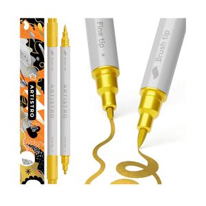 ARTISTRO 2 Gold Dual-Tip Acrylic Paint Pens - Multisurface Markers for Glass, Rock, Fabric, Wood, Plastic & More - 1 mm Fine & Brush Tips
