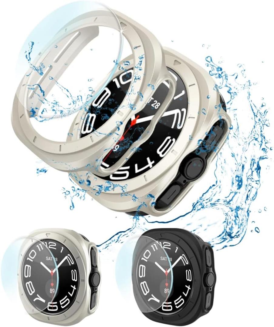 2+2 Pack Compatible with Samsung Galaxy Watch 7 Ultra Screen Protector + Case Protective, HD Tempered Glass + Hard PC Cover for Galaxy Watch 7 Ultra 47mm Accessories (Starlight+Black)