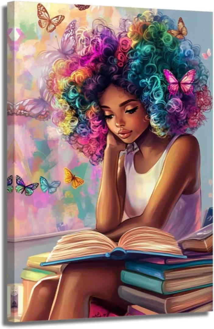 XLMDYYSW African American Wall Art Colourful Black Girl Reading Book Pictures Black Woman Canvas Prints Watercolor Butterfly Painting for Bedroom Decor Framed (Purple, 24L x 16W)
