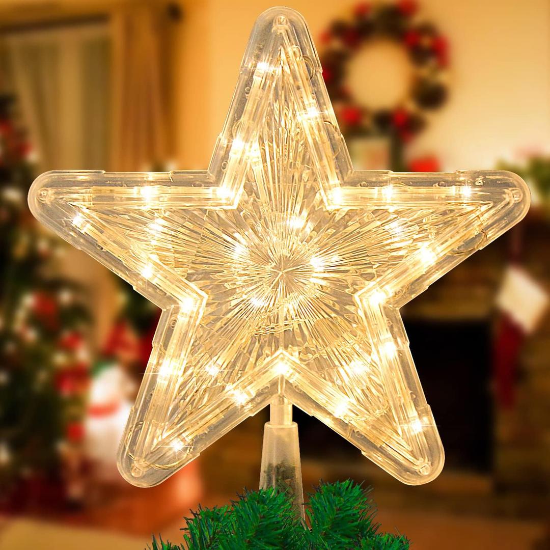 DERAYEE Christmas Star Tree Topper Lighted, Xmas Tree Topper with Lights Light Up Star Topper for Christmas Tree Decorations Battery Operated 9 Inch (Yellow)