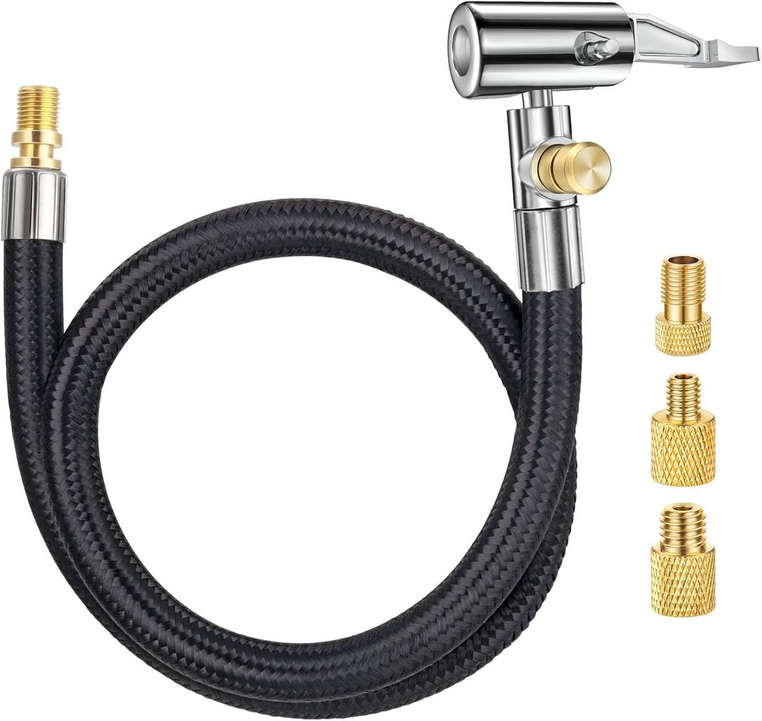 LUMITECO 20 Inch Tire Inflator Hose Adapter, Car Air Hose Self-Locking Air Chuck w/Tire Schrader Valve Fine Thread & Presta Valve Adapter, Quick Connect & Release for Pump Air Compressor Attachments