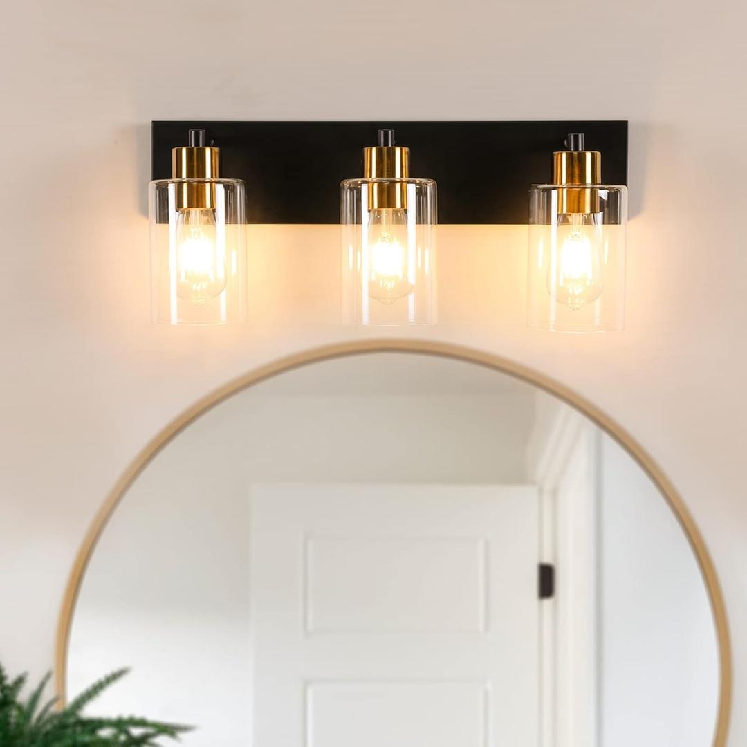 Black Bathroom Light Fixtures, 3 Light Modern Vanity Light with Clear Glass Shade for Mirror, Kitchen, Bedroom, Hallway (Black and Gold)