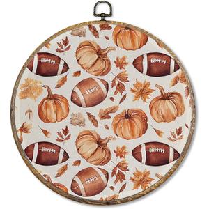 Sufamb Fall Football Pumpkin Round Wall Art Decor, Farmhouse Autumn Football Leaf Canvas Artwork Framed, Rustic Fall Wall Hanging Prints Decorations for Home Bedroom Living Room Decor, 10x10 Inches (rugby)