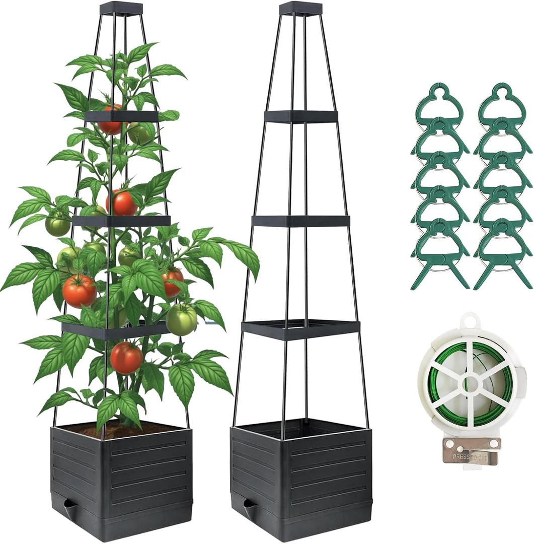 2 Pack Raised Garden Bed Planter Box with Trellis, 58Tomato Planter with Trellis for Climbing Plants Vegetables Vine Flowers, Self-Watering Tomato Cage for Garden Patio Outdoor & Indoor